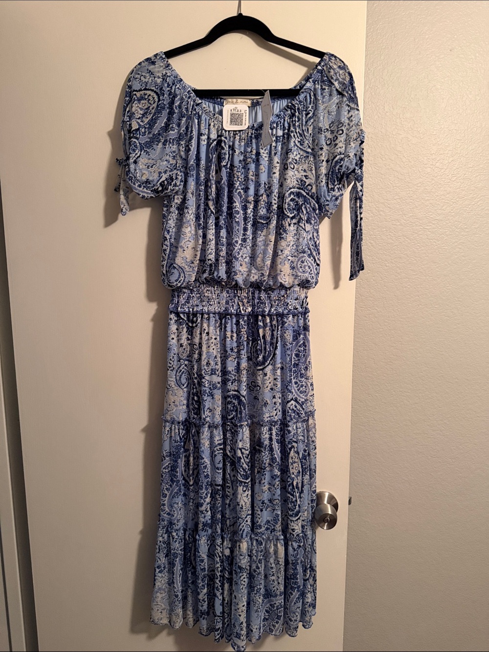 Blue Paisley Off-Shoulder Tiered Maxi Dress